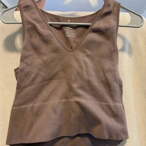 Brown Ribbed V-Neck Tank Top